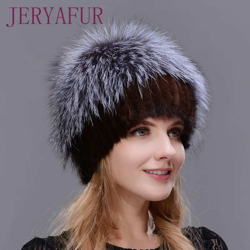 Female Mink Fur Hat Women Winter Hat Knitted Mink Fox Fur Cap Female Warm Hat Cap Silver Fox Part More