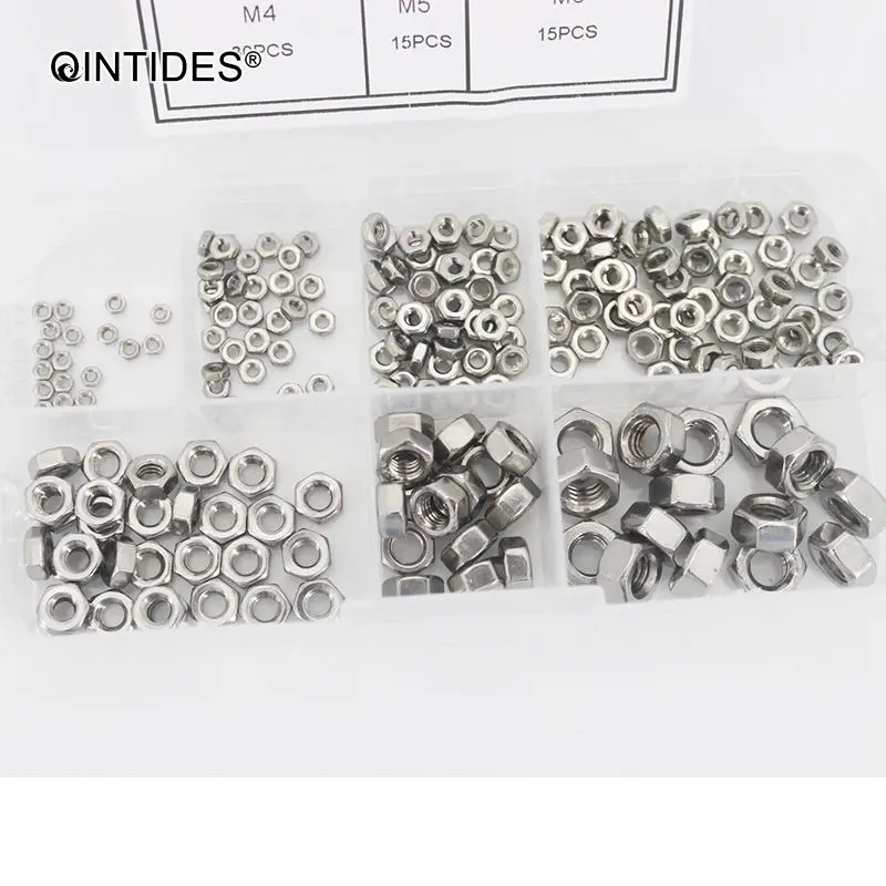 

QINTIDES 200PCS/Set M1.6 M2 M2.5 M3 M4 M5 M6 hexagon nuts with metric screw threads 304 stainless steel hex nuts din934