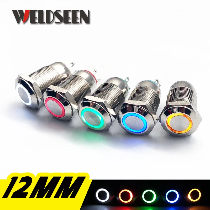 

12mm Self Reset LED Light Metal Push Button Switch 5 Colors 4 Pins Car Power Button Switch 3V 6V 12V 24V 220V