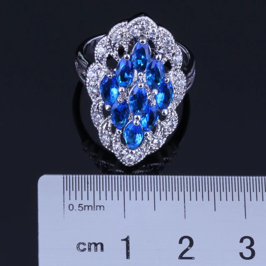 Candy Oval Blue Cubic Zirconia White CZ Silver Plated Ring V0591