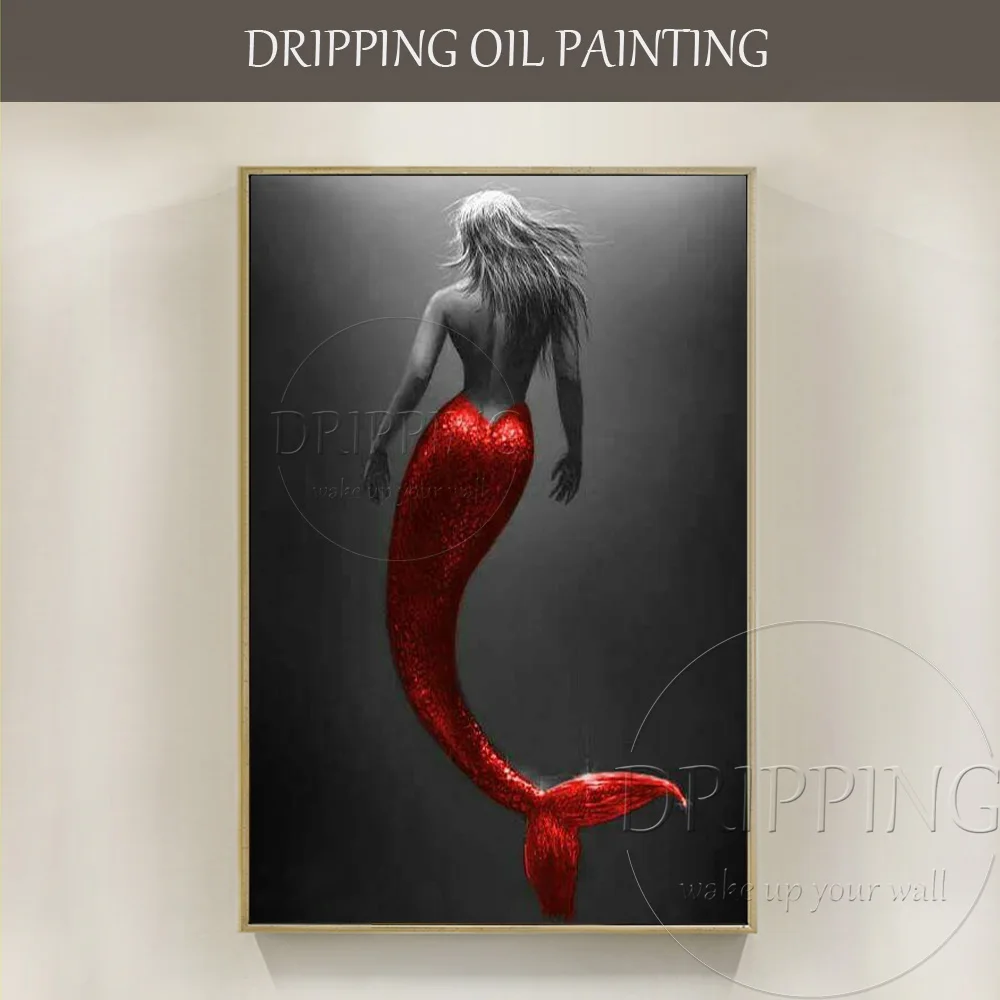 Artist Hand-painted High Quality Mermaid Oil Painting on Canvas Beautiful Mermaid with Red Dress Tail Oil Painting for Salon