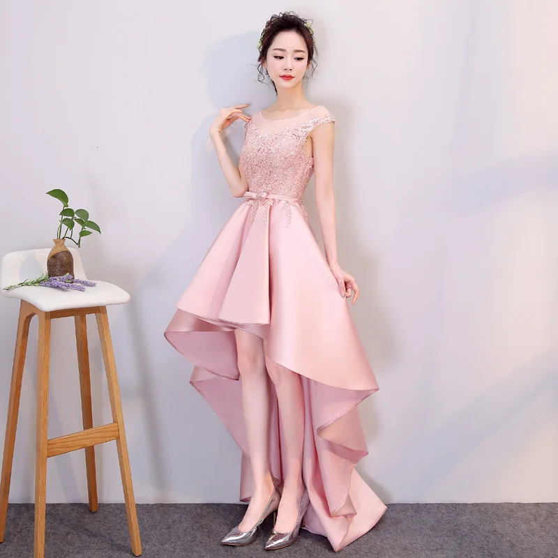 

2019 Spring New Pink Evening Dress Short Front Long Back Banquet Party Dress Illusion O-neck Appliques Flower Haute Couture