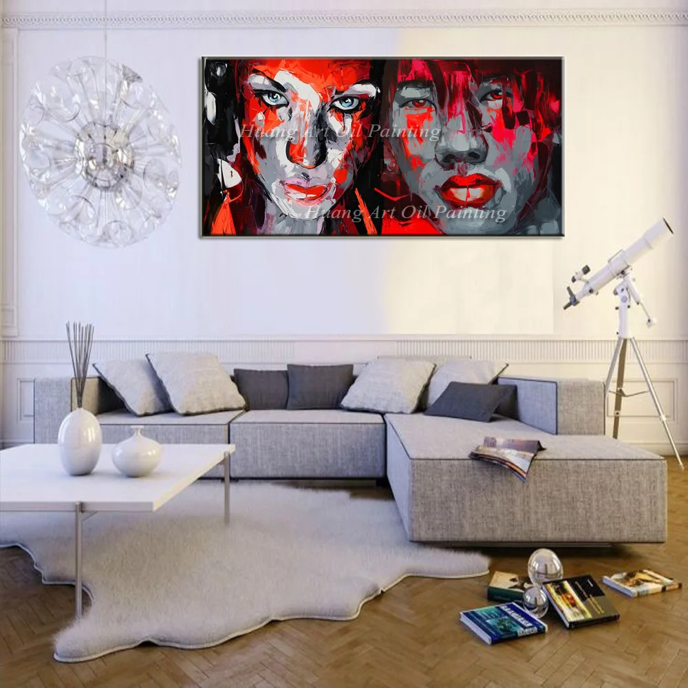 Hand Painted Colorful Two Head Knife Oil Painting on Canvas Nicely Palette Knife Wall Artwork Canvas Painting for Home Decor