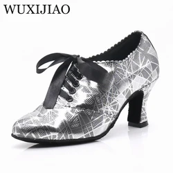 WUXIJIAO New PU Low Heels Black Shoes For Women Closed Toe Jazz Samba Teachers Dance Shoes Ballroom Salsa Latin Dance Shoes