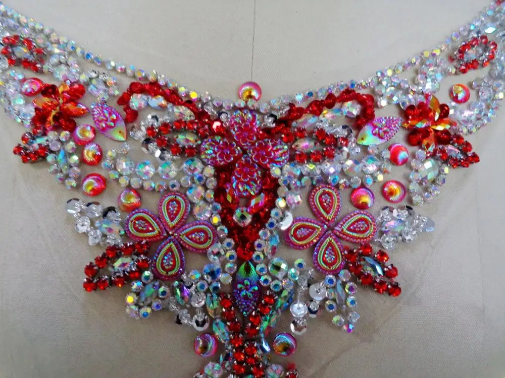 Red/silver Handmade crystal  patches sew on  Rhinestones applique with stones sequins beads 32*13cm  for top dress