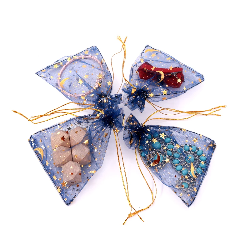 50Pcs/Lot Navy Organza Bags 7x9 9x12cm Small Wedding Christmas Candy Jewelry Packaging Bags Moon Star Drawstring Pouch Gift Bag