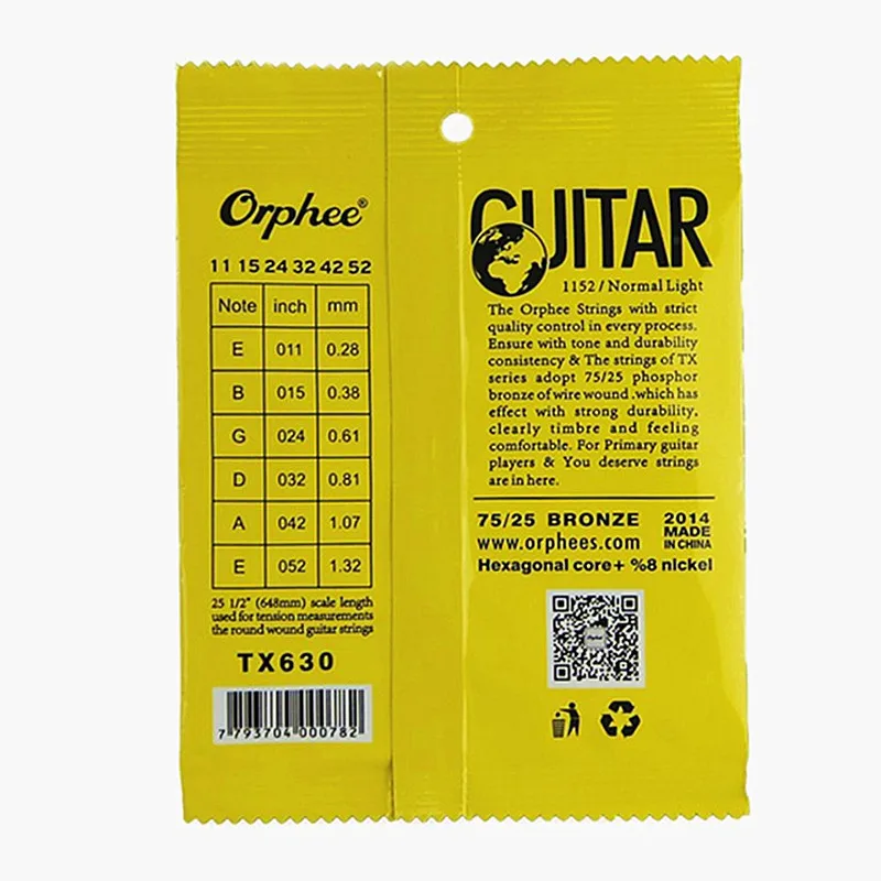 Orphee TX 011-052 Acoustic Guitar Strings Hexagonal Core+8% Nickel Bronze Bright Tone Extra Light Musical Instrument Accessories