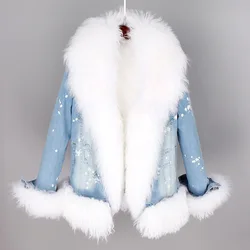 Mao mao kong Natural wool lined with luxurious wool fur collar denim coat winter casual warm fashion short fur jacket Women's ja