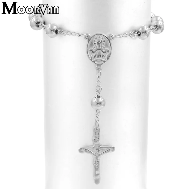 Moorvan 22cm*8mm beads rosary Bracelet For Men,cross Catholic church Stainless steel jewelry classical style,VRN20