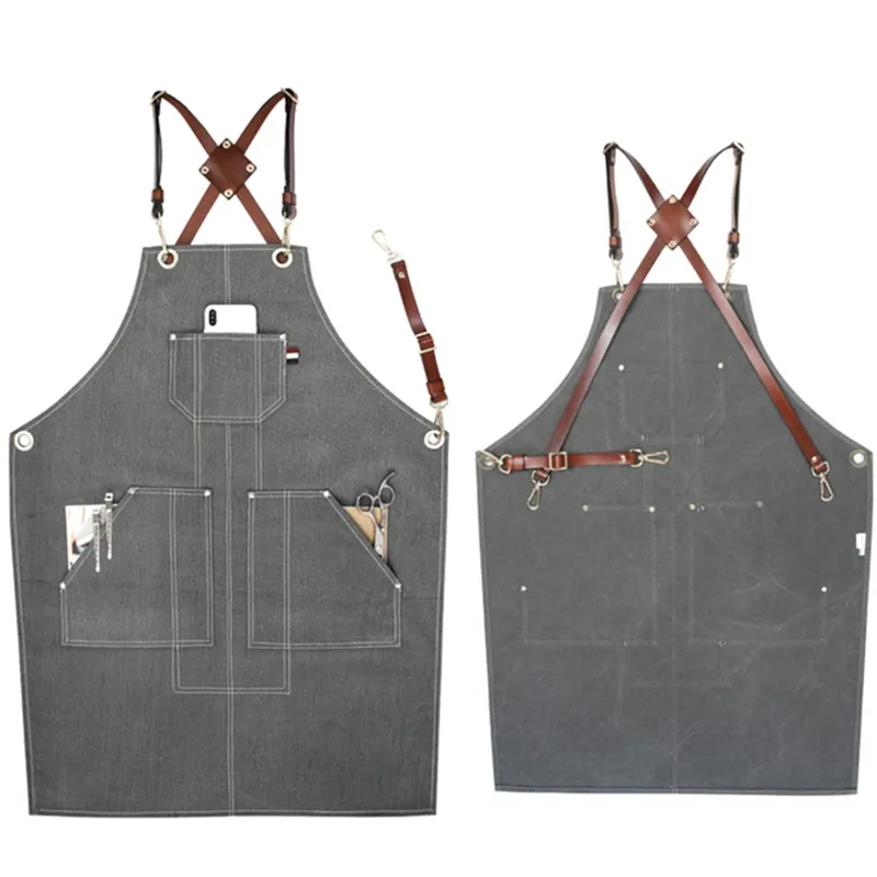 

Gray Canvas Apron Leather Strap Barista Bartender Baker Chef Uniform Barber Hairdresser Florist Artist Gardener Work Wear D57