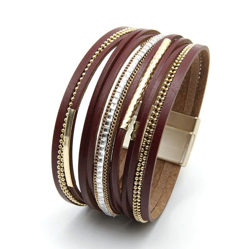 ZG Leather Bracelet for Women Jewelry X Cross Magnet Snake Skin Pattern Rhinestone Wrap Multilayer Bangles Female Jewelry