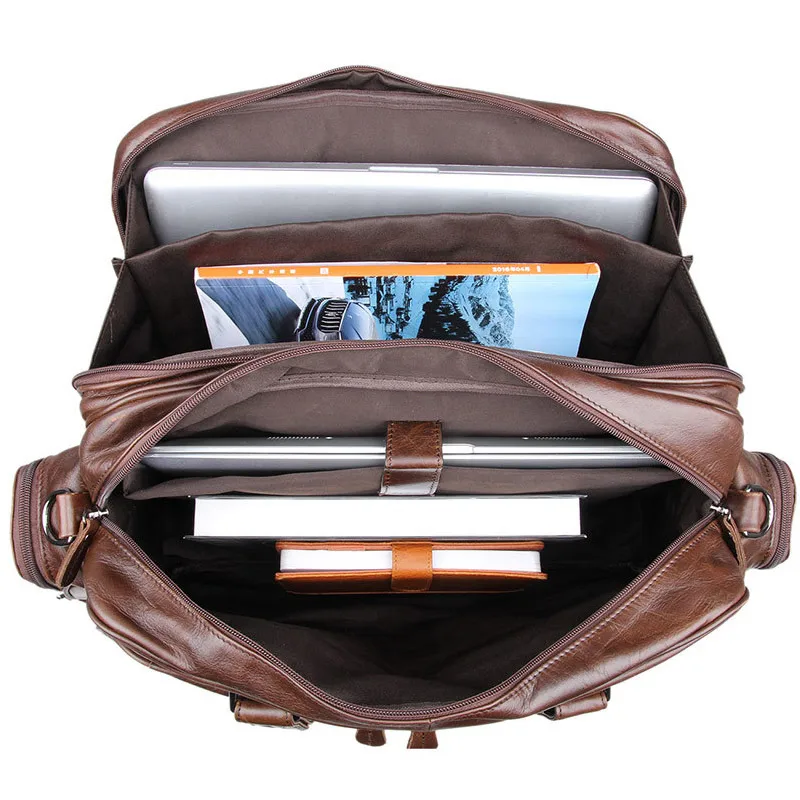 Functional Genuine Leather Travel Bag Men Leather Handbag Business Casual Laptop Shoulder Bags Tote Briefcase for Documents