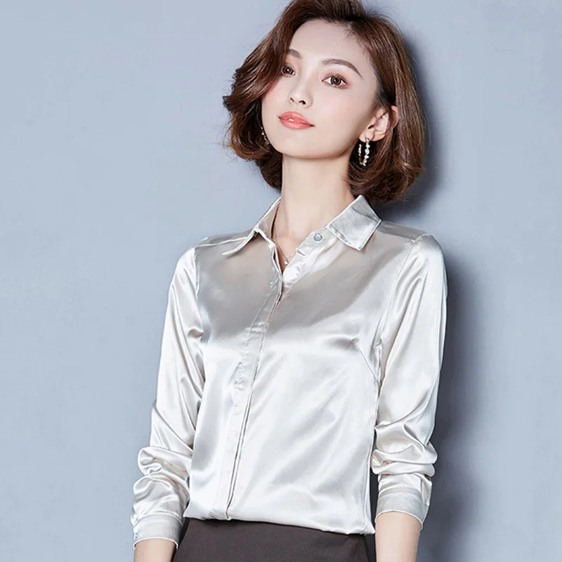 Silk Satin Blouse 2019 New Fashion Long Sleeve Women Slim  Blouses and Tops Lapel Office Shirt OL Blusas Chemise Femme Plus Size