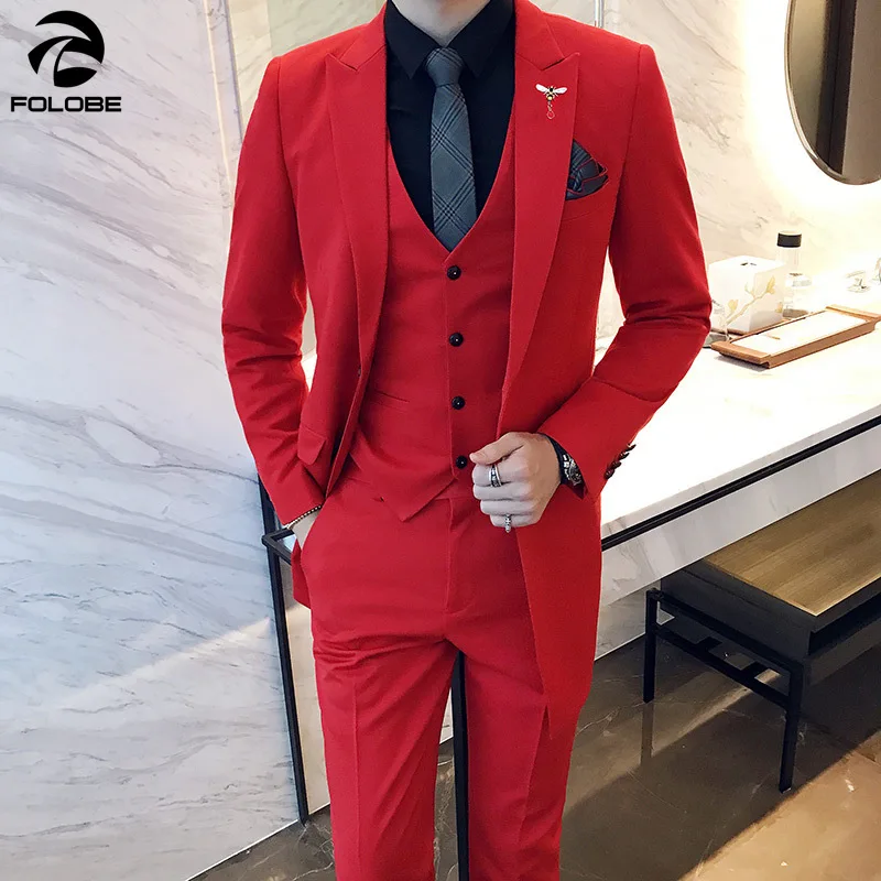 FOLOBE 2020 Korean Fashion 3 Piece Long Men Tuxedo Suits Wedding Prom Party Dresses Slim Fit Men's Solid Suit Party Stage Wear