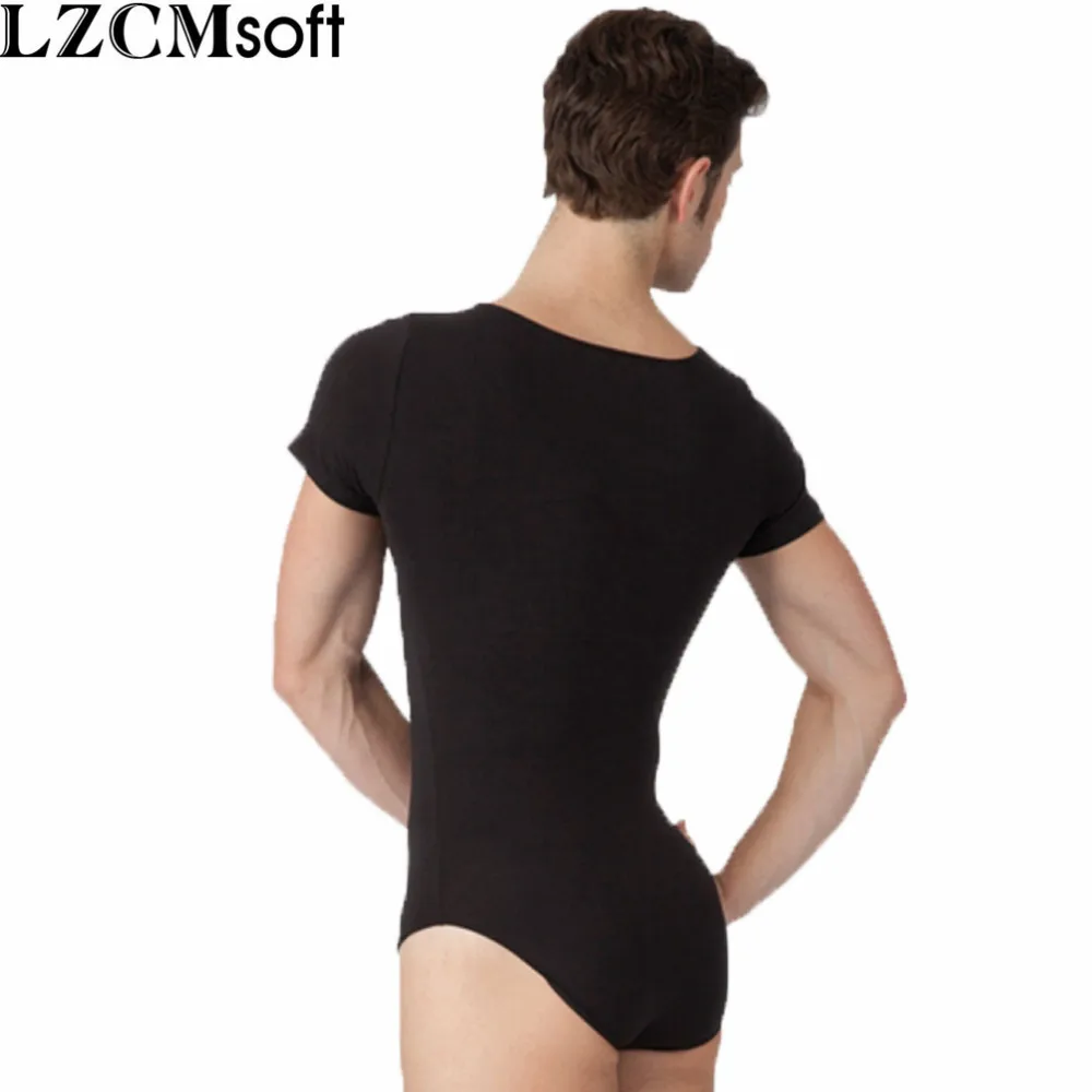 LZCMsoft Mens Short Sleeve Leotard One Piece Bodysuits for Male Dancers Gymnastics Spandex Black Nylon Ballet Leotards Dancewear