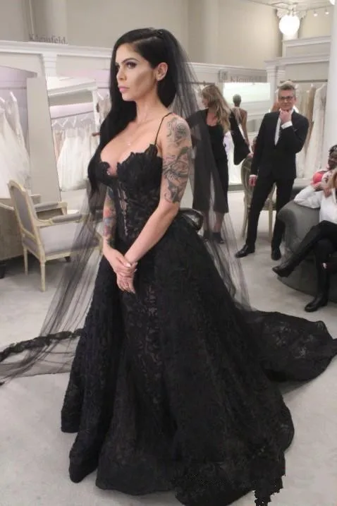 2021 Black Lace Gothic Trouwjurken Bruidsjurken Met Afneembare Trein Sweep Trein Mermaid Bruidsjurk Bruiloft Gast Jurk