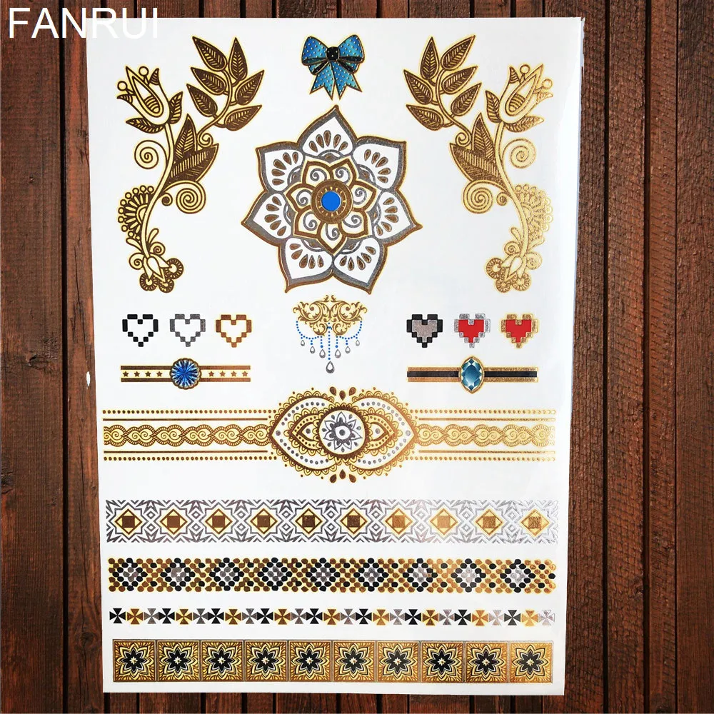 Golden Metallic Bracelet Temporary Tattoo Henna Mandala Flower Girl Tattoo Stickers Indian Chain Women Arm Flash Fake Tatoos Leg