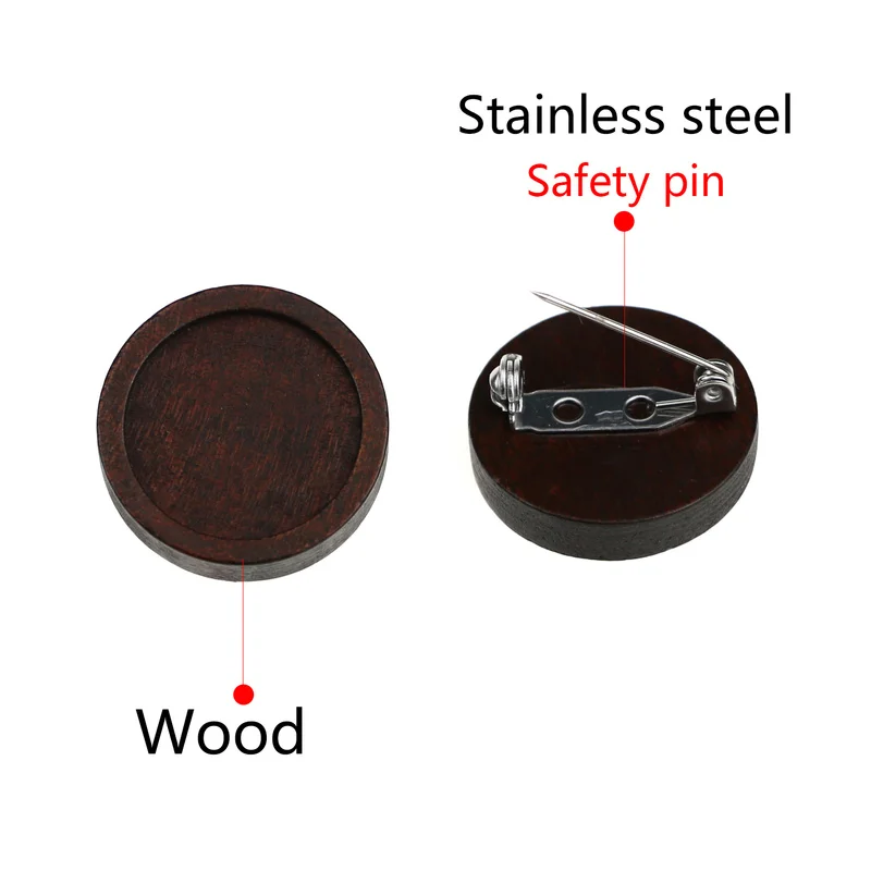 10pcs Antique Brown Blank Wood Cabochon Brooch Base Settings 20 25mm Round Bezel Tray Diy Stainless Steel Pin for Jewelry Making