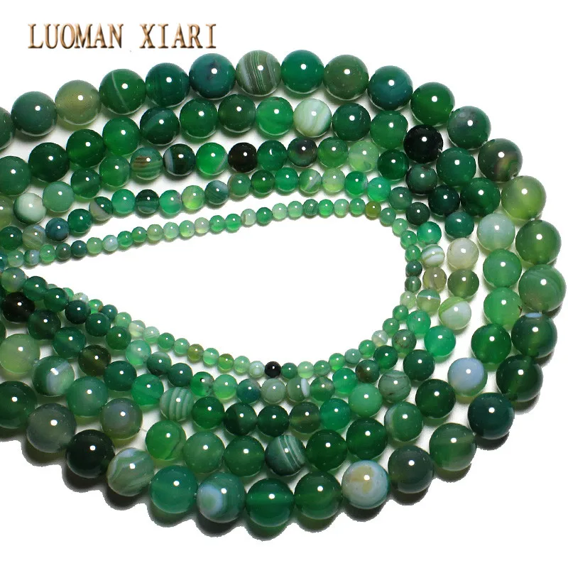 LUOMAN XIARI Round Natural Green striped Agate Stone Beads For Jewelry Making DIY Necklace Material 4/ 6/8/10/12mm Strand 15\'\'