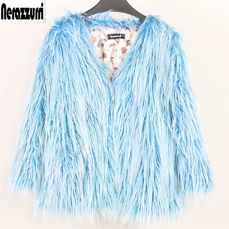 Nerazzurri Winter Long-Haired Shaggy Thick Warm Faux Fur Coat V Neck Y2K Blue Short Fluffy Jackets for Women 2022 Korean Fashion