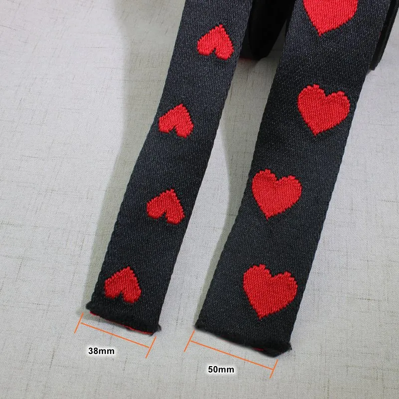 Sale 50yards 38mm 50mm wide high fashion black red hearts acrylic cotton ribbon belts strap,ladies bags purse long straps