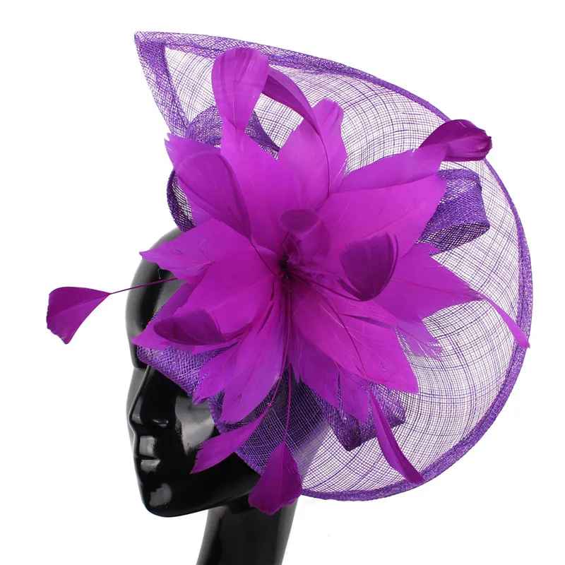 Uroczy fioletowy atrakcyjny materiał Sinamay Fascinator nakrycia głowy Studio fotograficzne nakrycie głowy czerwone koktajlowe nakrycia głowy