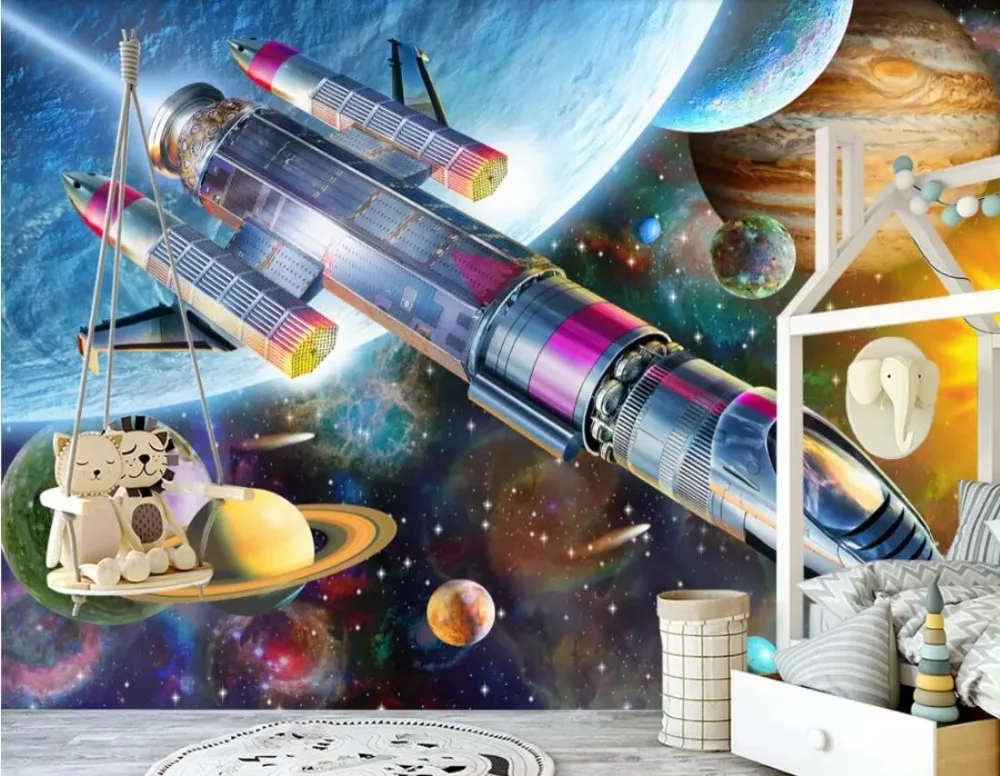 

Modern hand-painted cartoon space rocket room mural background wall for children