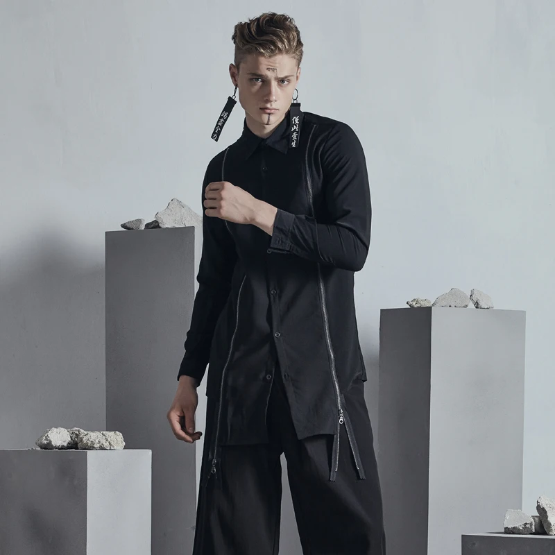 

Dark fastening front zipper stitching light casual slim shirt men's British men's wear black. S-6XL!!!