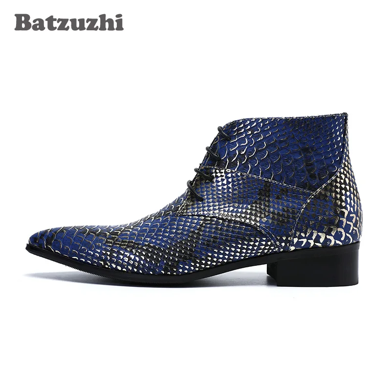 

Batzuzhi Handmade Men Boots Shoes Pointed Toe Blue Leather Ankle Boots Fish Scale Pattern Botas Hombre Party and Wedding Botas
