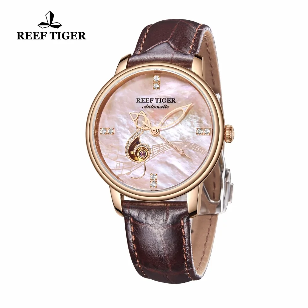 Reef Tiger/RT Luxury Fashion Watches for Women Automatic Rose Gold Pink Shell Dial Analog Clock RGA1582