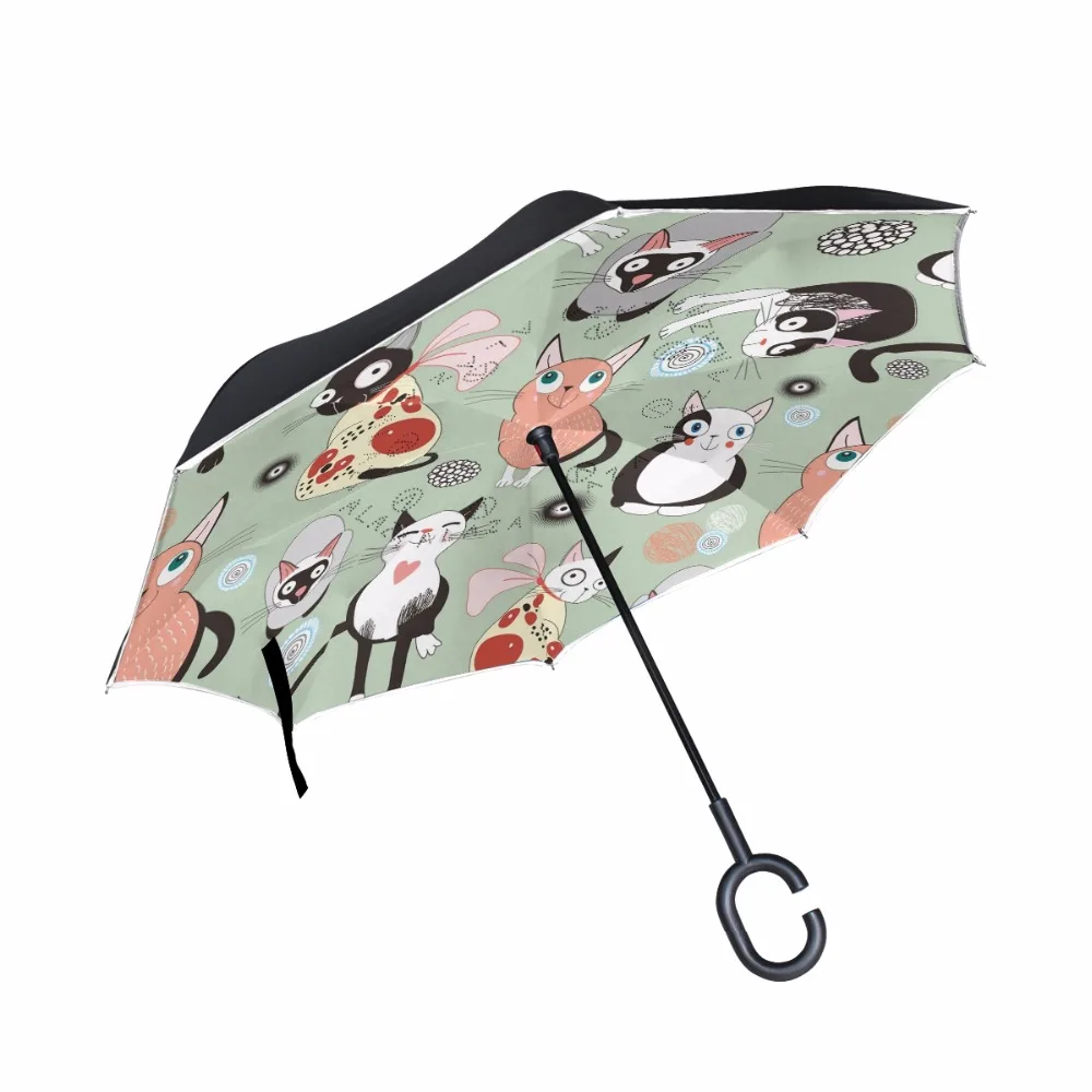 Custom Design Cat Double Layer Car Reverse Umbrella Rain Women Men Umbrellas Reverse For Windproof Umbrella