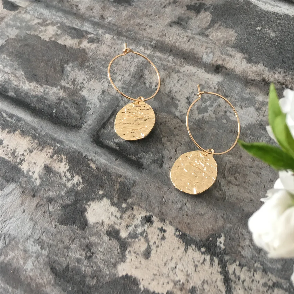 Urban Casual Earrings Gold Color Hammered Disc Rough Sculpture Hoop Earring For Women Vintage Style