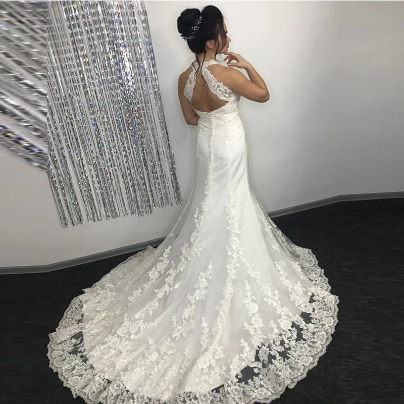 Halter Neck Mermaid Wedding Dress Appliques Backless Chapel Train Bridal Gowns 2019 New Arrival Vestido De Novia Wedding Gowns