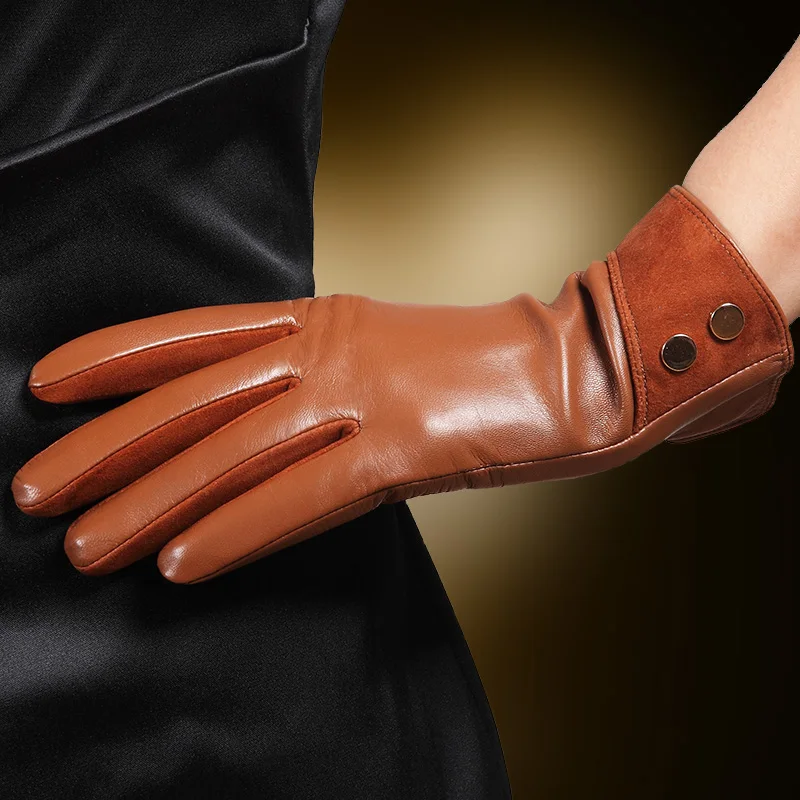 Brand Genuine Leather Gloves Fashion Trend Women Sheepskin Gloves Autumn Winter Plus Velvet Elegant Lady Glove L168NC