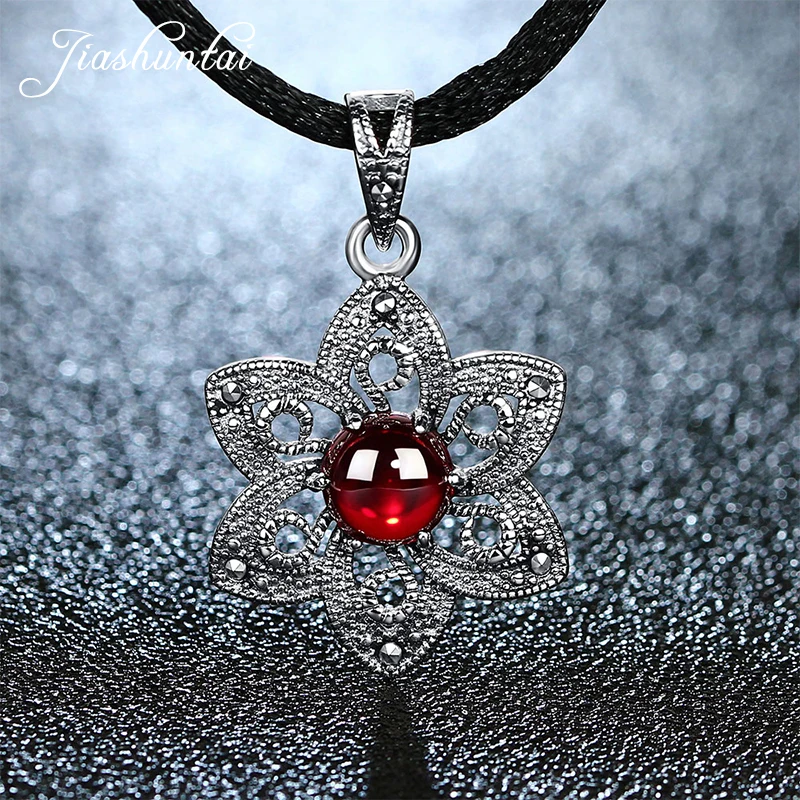 

JIASHUNTAI Retro 925 Silver Sterling Pendant Necklace Female Silver Jewelry For Women Red Stone Six-pointed Star