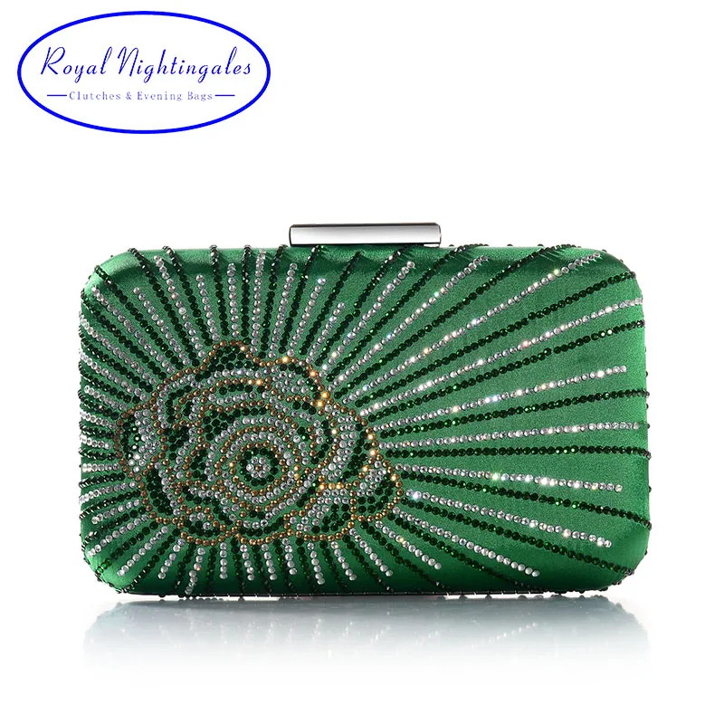 

Hot New Dark Green/Purple Large Crystal Satin Silk Box Clutch and Evening Bags with Flowers for Womens Party Wedding Prom Dress