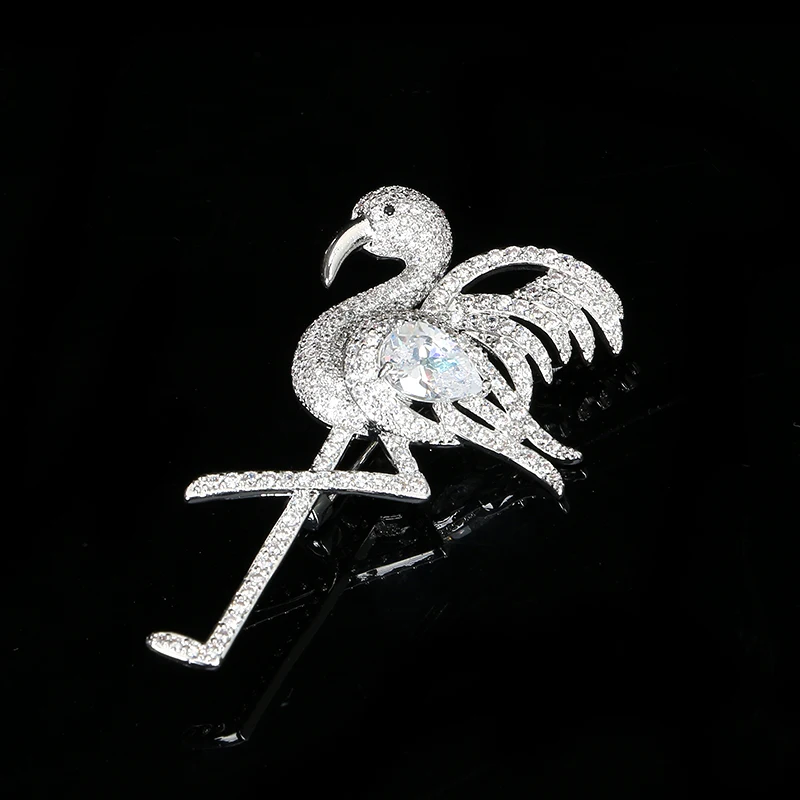 Cubic Zircons Flamingo Pin Brooches Fashion Elegant Bird Animal Jewelry For Women Personality Clothing Corsage