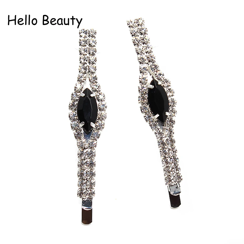 1 Pair Fashion Hair Accessories Stone Hair Grip Slide Crystal Hair Barrettes Black Rhinestone Hair Clip For Woman Girls