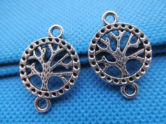 50pcs Antique Silver tone/Antique Bronze Hollow Filigree Lucky Wish Tree of Life Round Connector Pendant Charm,DIY Accessory