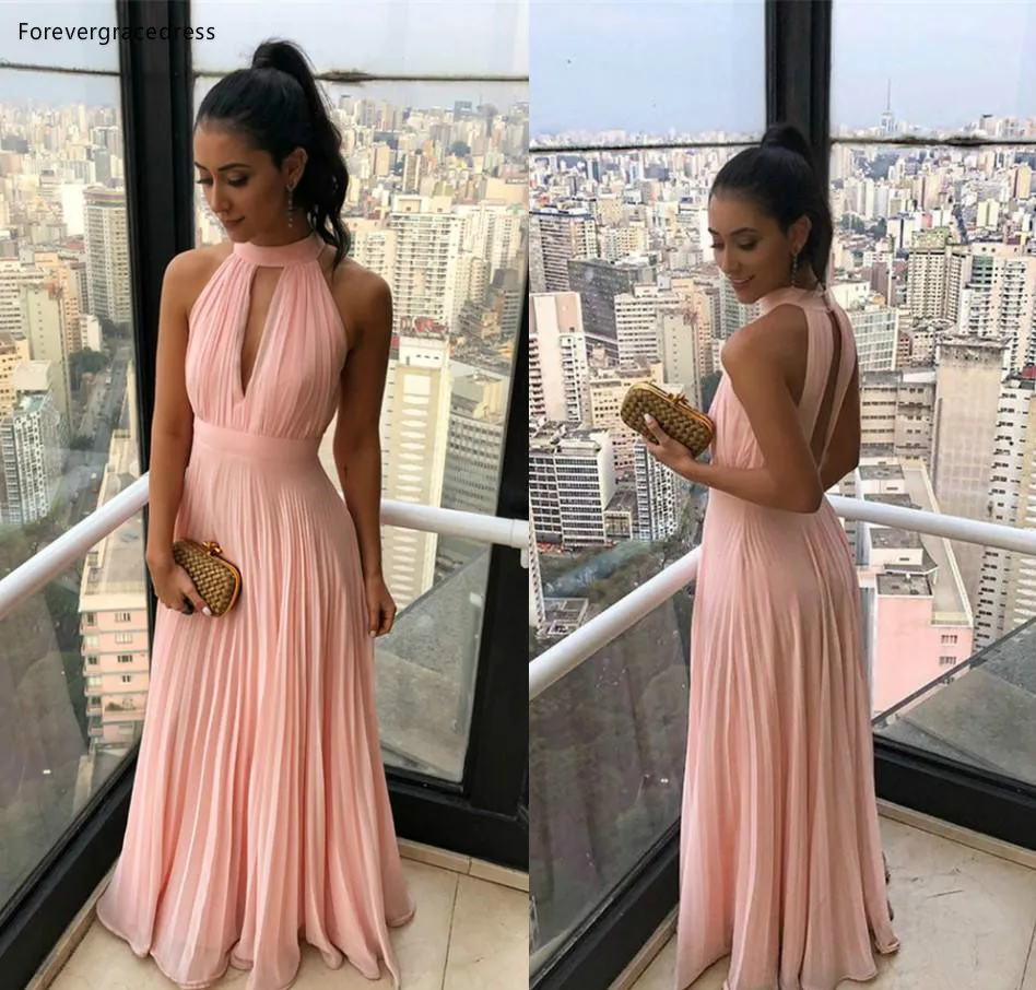 2019 Pink Bridesmaid Dresses Halter Chiffon Summer Country Garden Wedding Party Guest Maid of Honor Gowns Plus Size Custom Made