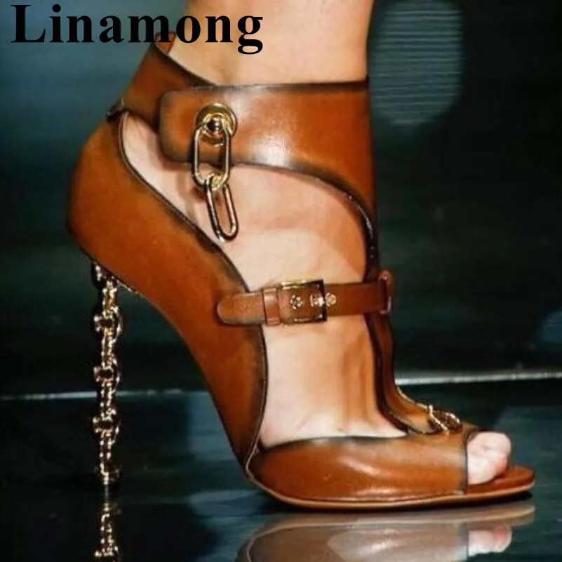 

Summer Fashion Newest Brown Color Sandals Metal Heel Sexy High Heel And Open Toe Bucke Strap Decoration Black Women High Quality