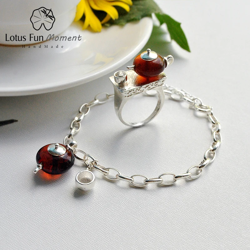 Lotus Fun Moment Real 925 Sterling Silver Natural Stone Handmade Fashion Vintage Cute Teapot Jewelry Set for Women Bijoux