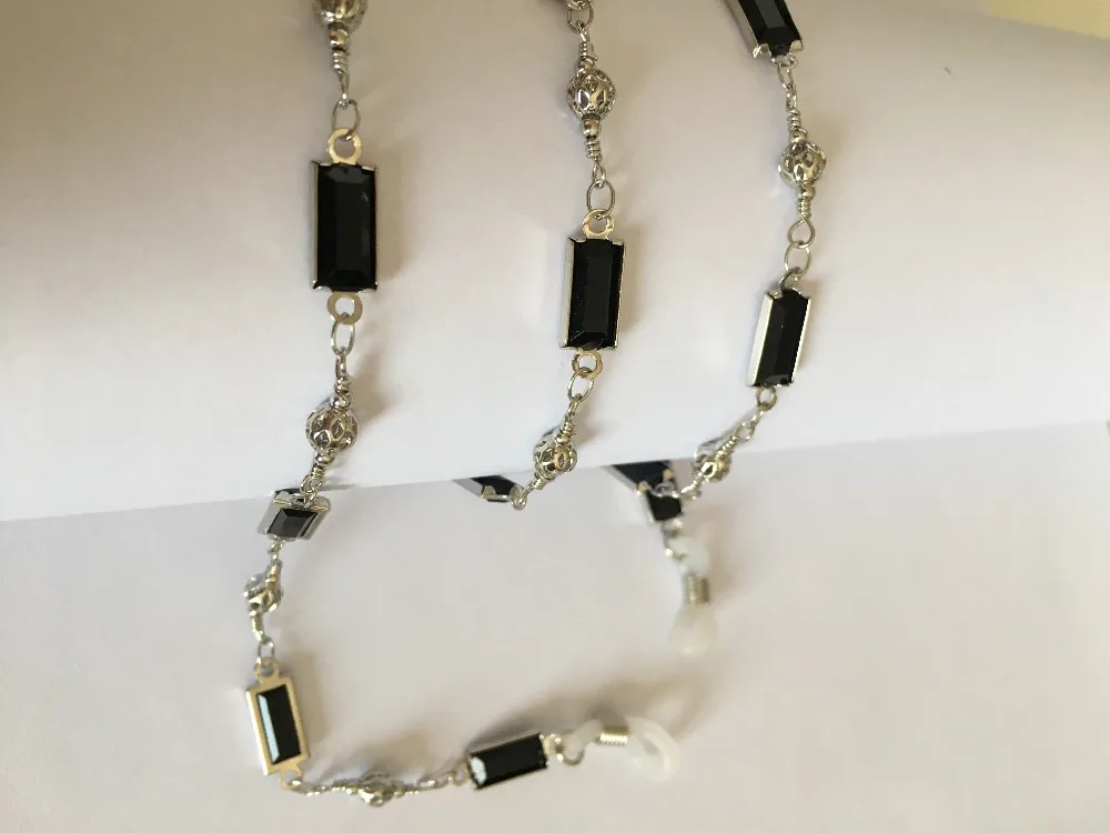 shiny eyeglass brass chain spectacle retainer electro plated with silver embedded with black acrylic  beads