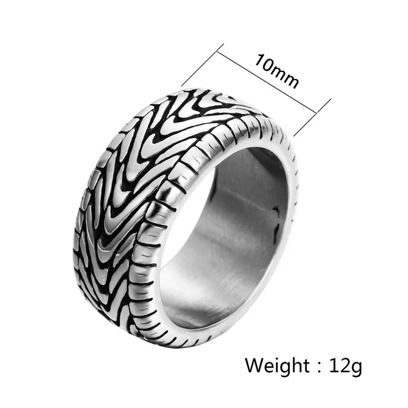 Vintage Punk Motorcycle Tire Ring Men Antique Silver Color Stainless Steel Grooved Tread Ring for Women Steampunk Biker Jewelry