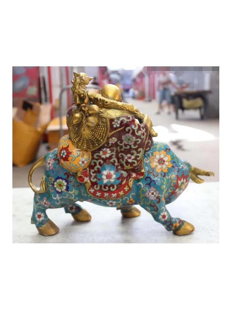 China Bronze Cloisonne Riding Bull Maitreya Yuan Bao Lohan Buddha Statue