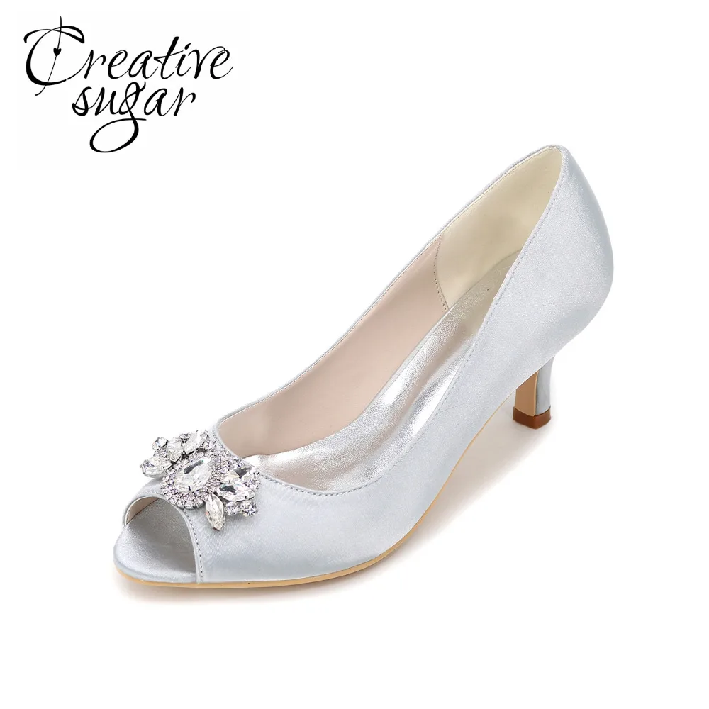 Creativesugar Elegant open toe woman satin dress shoes with queen diamond crystals charm lady kitten heels party wedding shoes