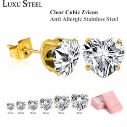 LUXUSTEEL  Stainless Steel Earring Sets Golden Color Heart Shape Crystal Stud Earring For Women/Girl 6pairs/Box