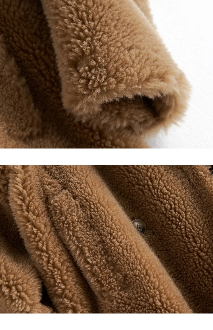 Harppihop*new arrival free shipping real sheep fur coat long style wool coat camel teddy coat over size winter women coat