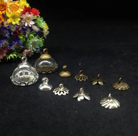 50pcs 15mm Half Round Glass Cover Dome Vial & bronze Plated/silver lace tray cap set glass vial pendant glass globe jar necklace