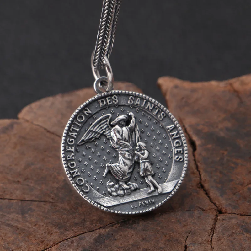 BOCAI S925 Silver Jewelry Fashion Silver Saint Michael Archangel Saint Michael Guardian Angel Round Pendant for Men and Wommen